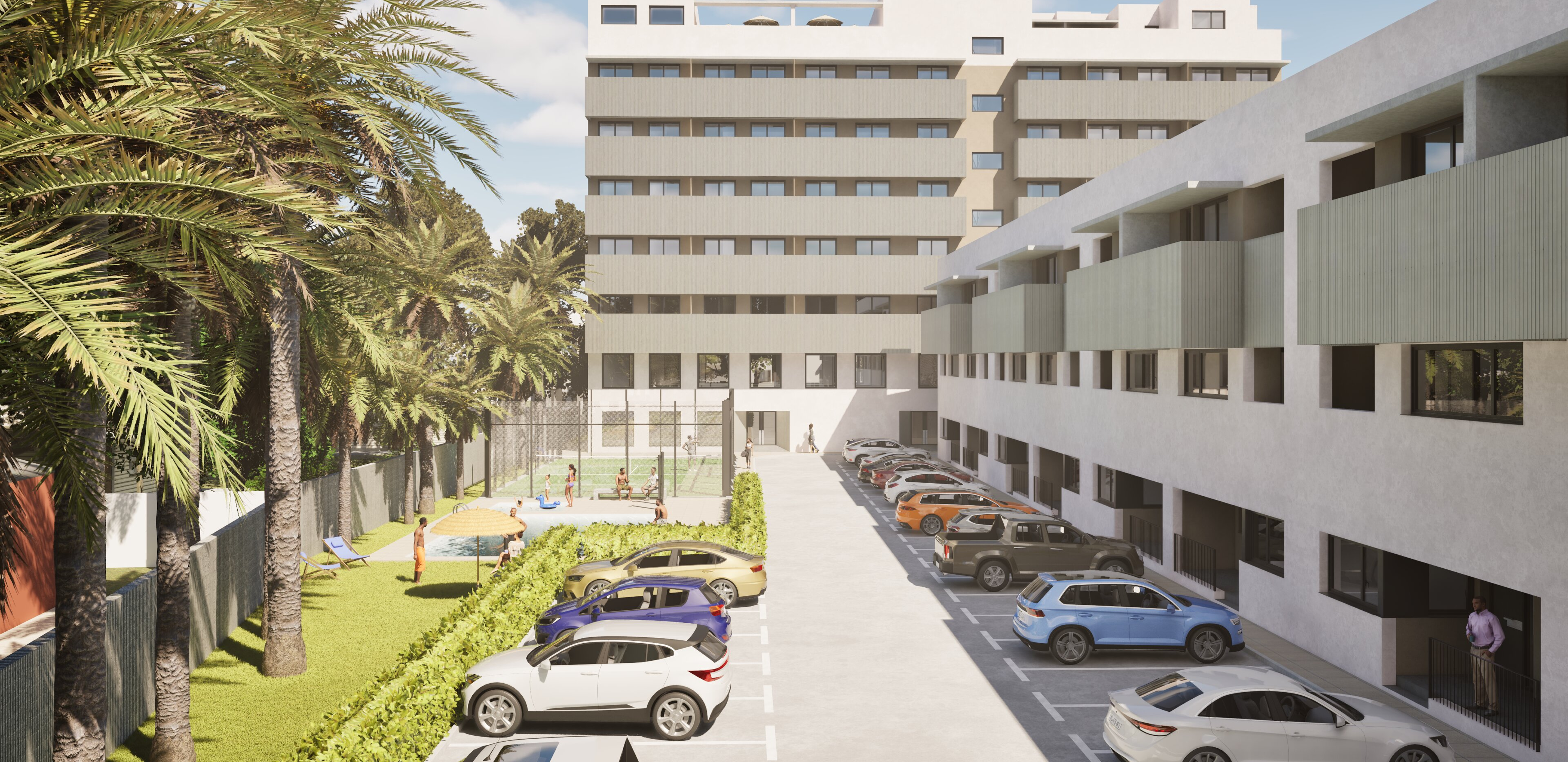 Saplaya Residency courtyard with landscaping, parking and resident amenities